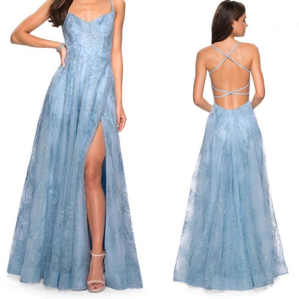 LA FEMME cloud blue formal dress with open back and sequins 27704